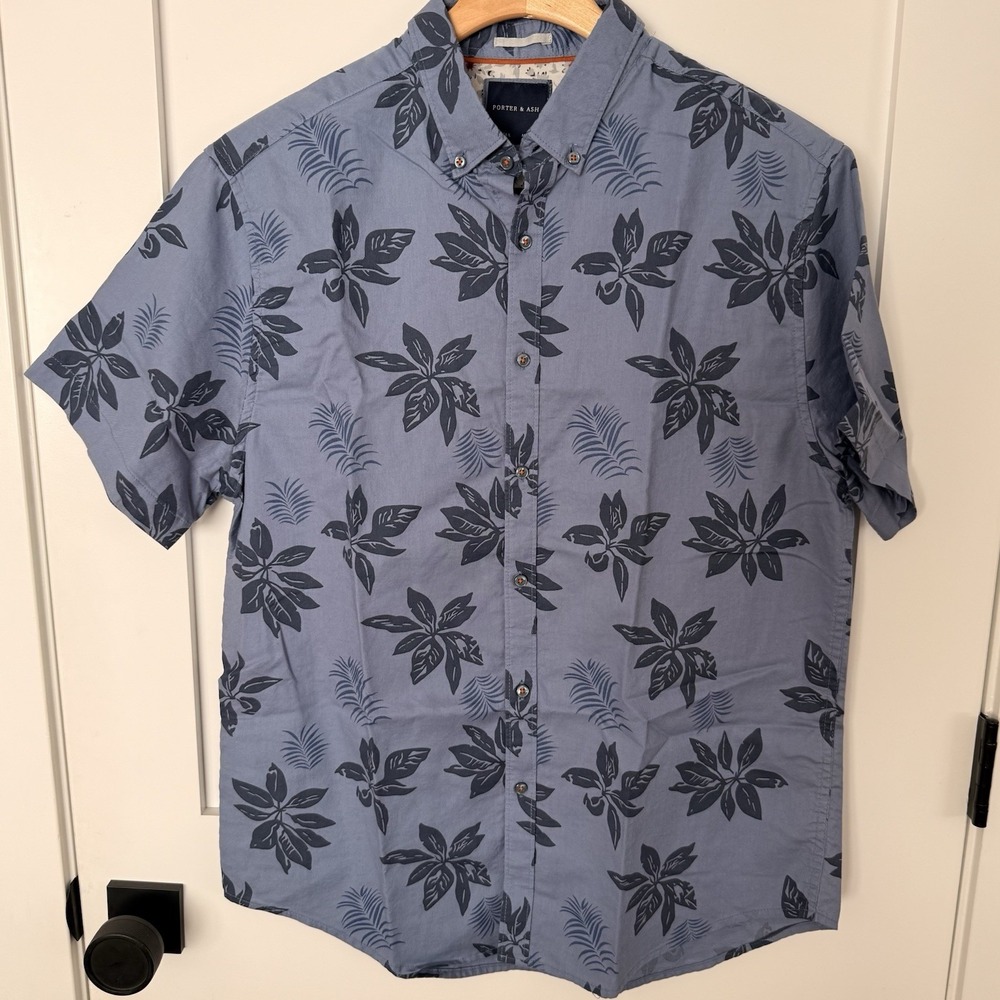 Porter & Ash Men's L Blue Tropical Hawaiian Floral Short Sleeve Cotton Shirt
